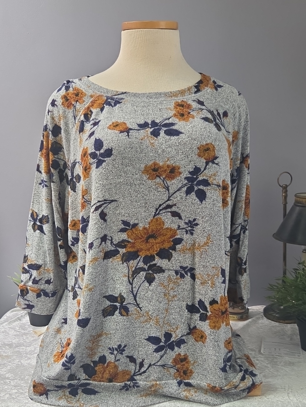Market & Spruce Gray Floral Boatneck Tunic with Mustard and Navy Accents